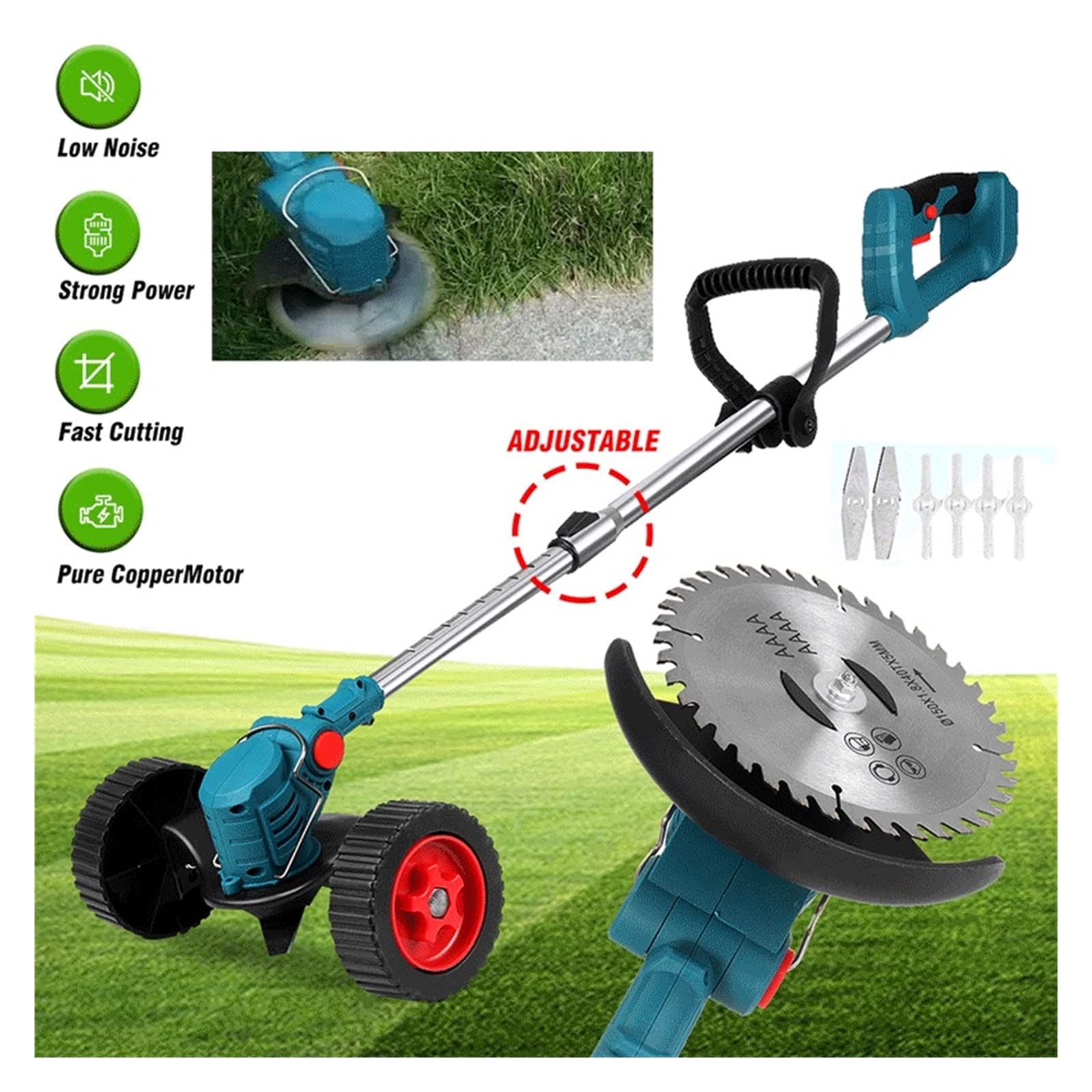 Recortadora de césped eléctrica inalámbrica, 450W, cortacésped, Cepillo Malas Hierbas, Longitud Ajustable, Cortador, Herramientas jardín,Mantenimiento eficiente del jardín(with Bilateral Wheel)
