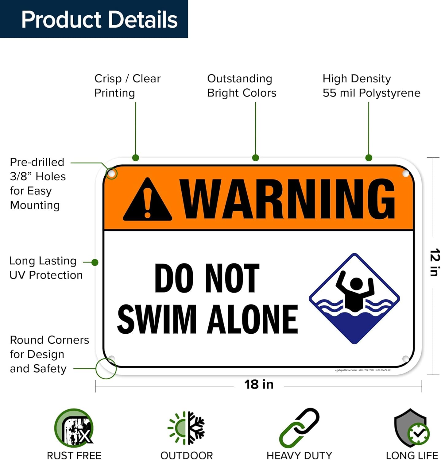 Warning Do Not Swim Alone Sign, 12x18 Inches, 55 mil thick HDPS (high density polystyrene), Made in USA by My Sign Center