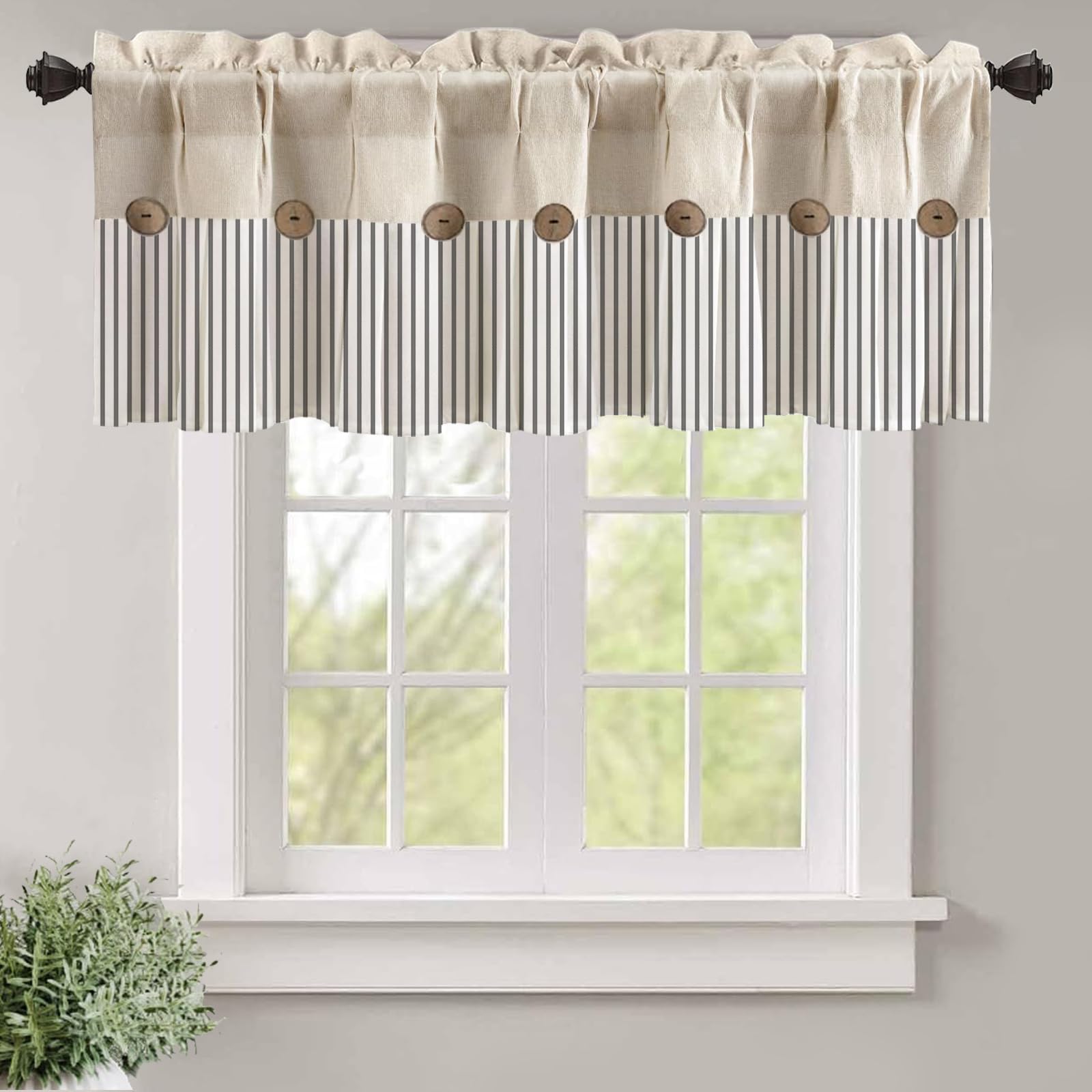 WOUVMA Farmhouse Kitchen Curtains Vintage Linen Window Cafe Curtains 18 Inch Length Black Stripe Valances