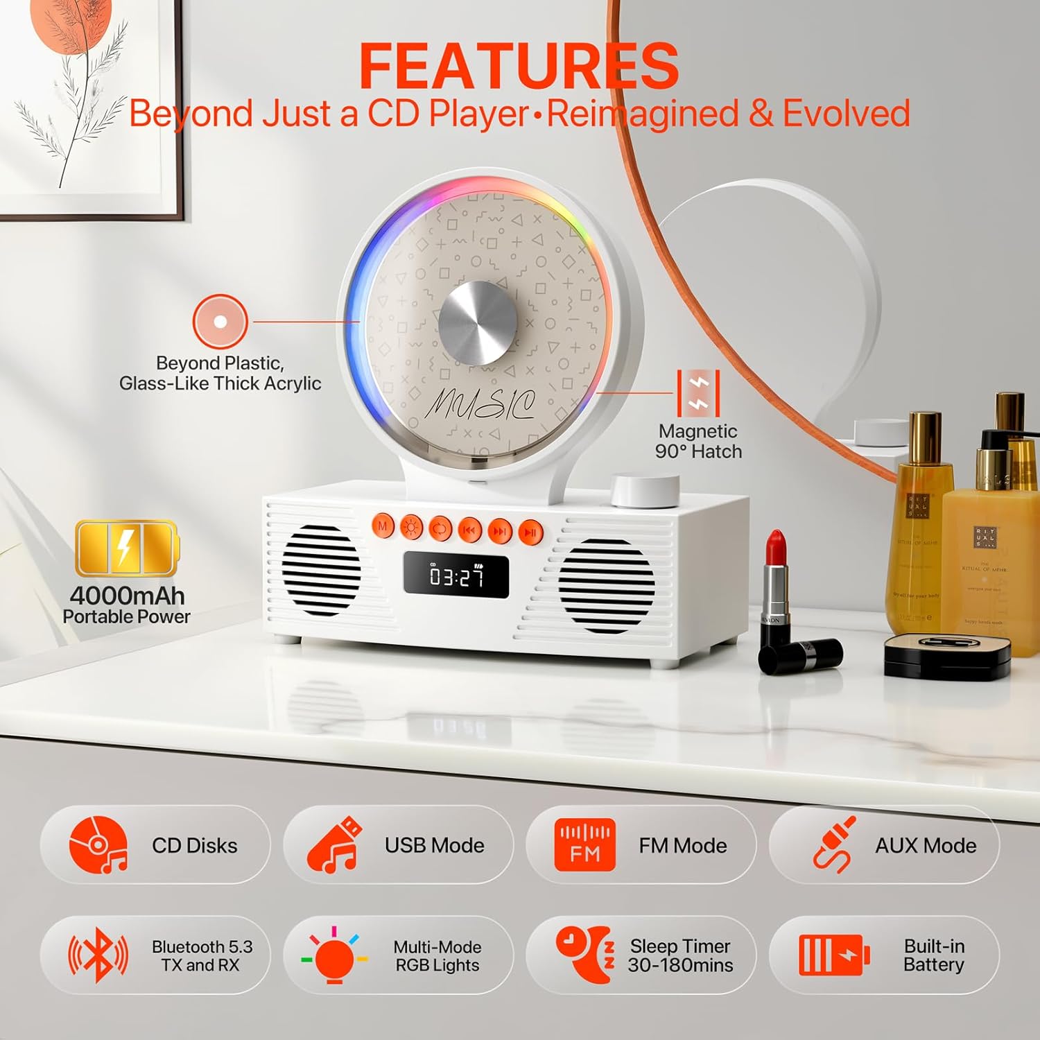 ROADOM KC-607 CD Player displaying supported formats like CD, CD-R, CD-RW, MP3, and WMA