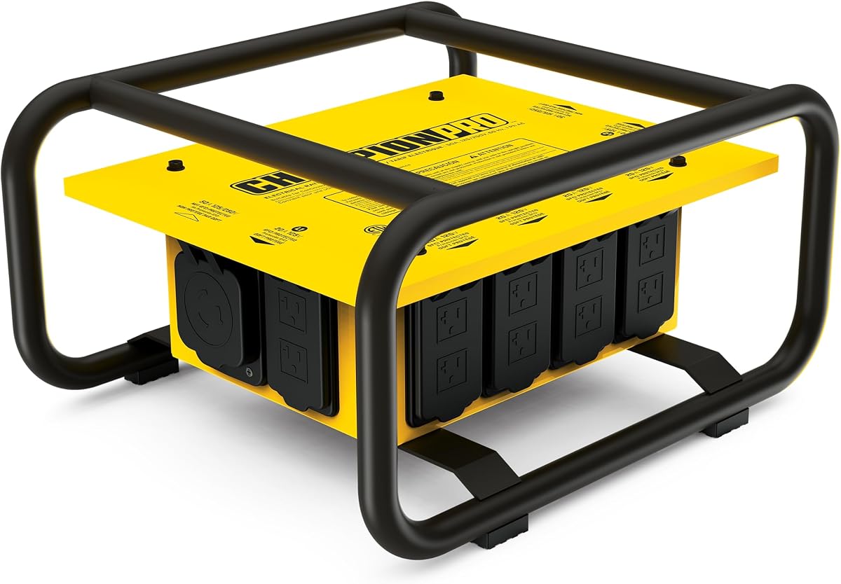 Pro Grade OSHA Compliant Power Distribution Box, 50-Amp Twist Lock Inlet, Six 120V GFCI Duplexes, One 120/240V 30A Locking Outlet, 30A and 50A RV Adapters