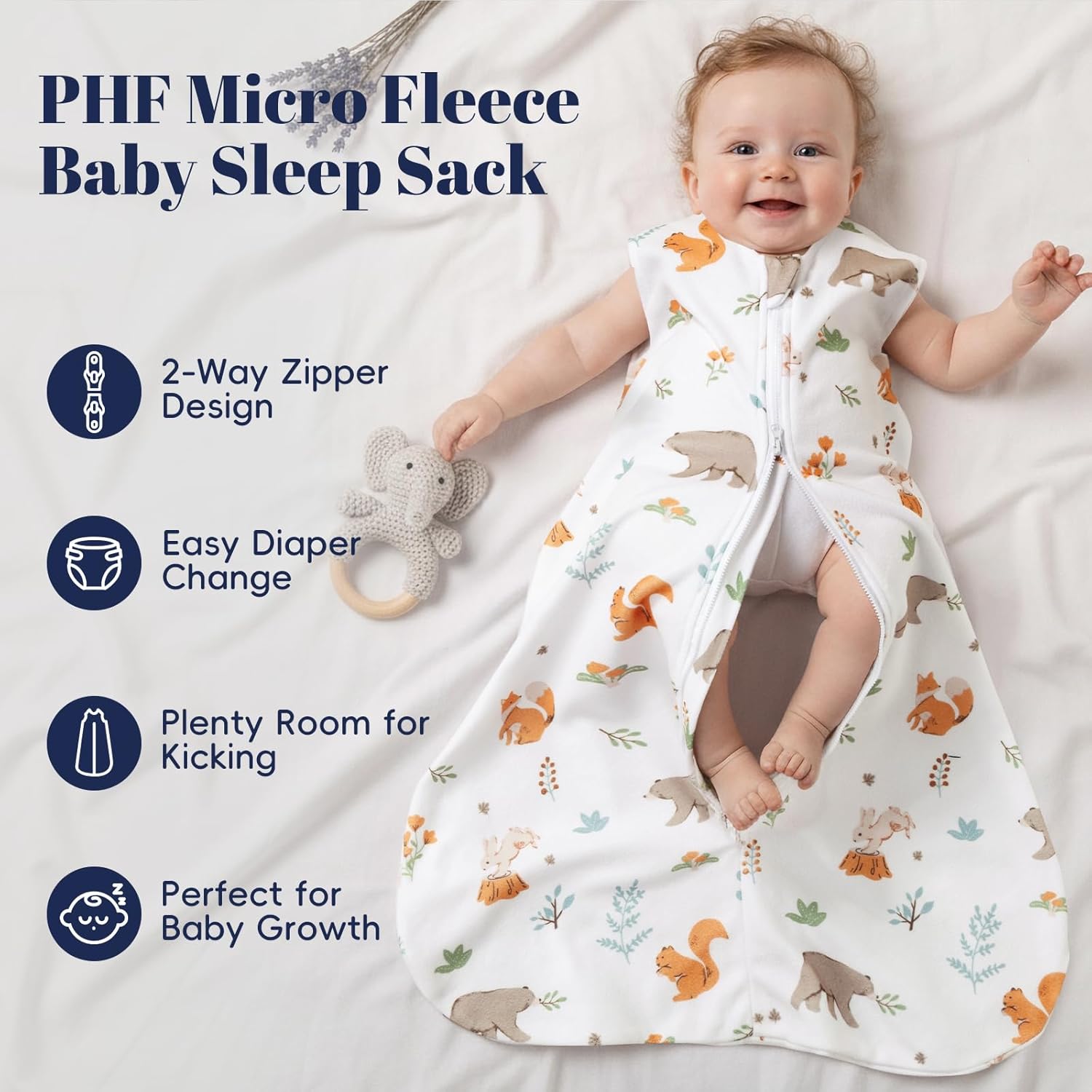PHF Warm Micro-Fleece Baby Sleep Sack 6-12 Months, Soft Baby Wearable Blanket, 2-Way Zipper Sleeping Bags, 2 Pack Comfy Toddler Sleeping Sack for Boys, Medium Size, Woodland & Animal - Image 2