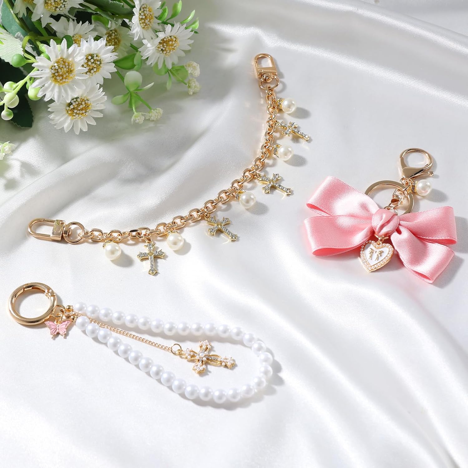 LuneClat 3Pcs Keychain Bags Chain Charm Set - Pink Bow Rhinestone Cross Replacement Bag Charms Accessories, Pearl Bowkont Keychains for Tote Wallet Crossbody Gifts for Women