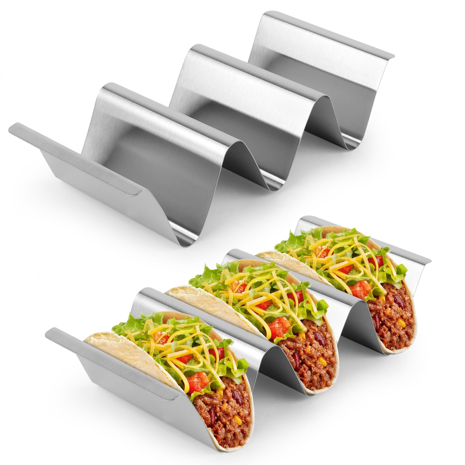 Set di Porta Tacos da 2 Pezzi Supporto per Tacos in Acciaio Inossidabile, Vassoi per Tacos, Porta Tacos in Metallo, Supporto per Taco con Maniglie in Acciai Inox per Tacos, Saucisses Grillées, Crêpes