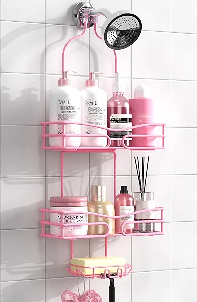 DAOYA Pink 3-Tier Shower Caddy with Soap Holder & 6 Hooks - Hanging Shower Organizer for Inside Shower