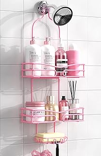 Pink 3-Tier Over Head Shower Caddy with Soap Holder & 6 Hooks - Hanging ...