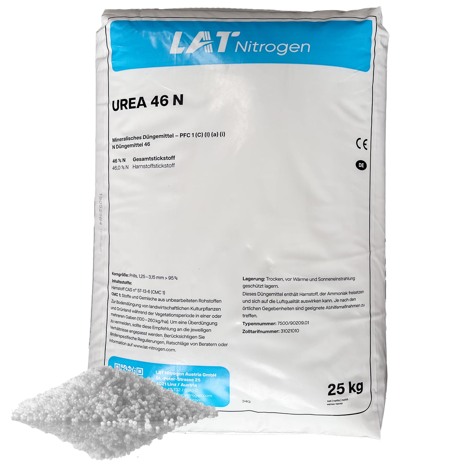 LAT Nitrogen UREA 46 N, Harnstoffdünger, Stickstoffdünger, Kopfdünger, Gartendünger für Ackerkulturen und Grünland - 25 kg Sack - geprillt, 46% Stickstoffgehalt