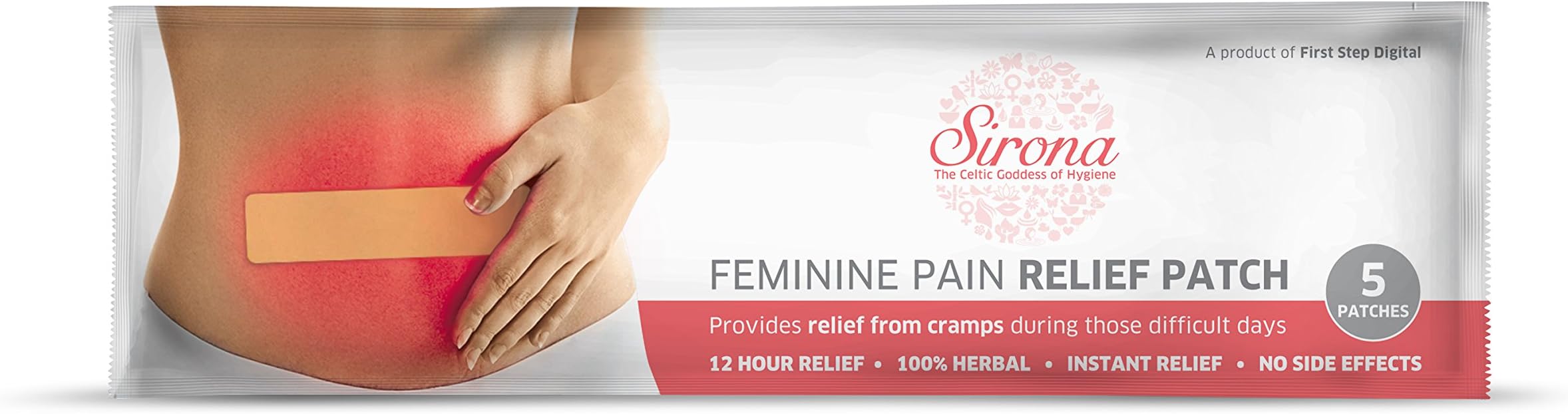 Sirona Herbal Feminine Pain Relief Patches | 100% Natural with Essential Oils | Instant Relief from Menstrual Cramps | Cooling Patches with No Chemicals or Side Effects (5 Patches)