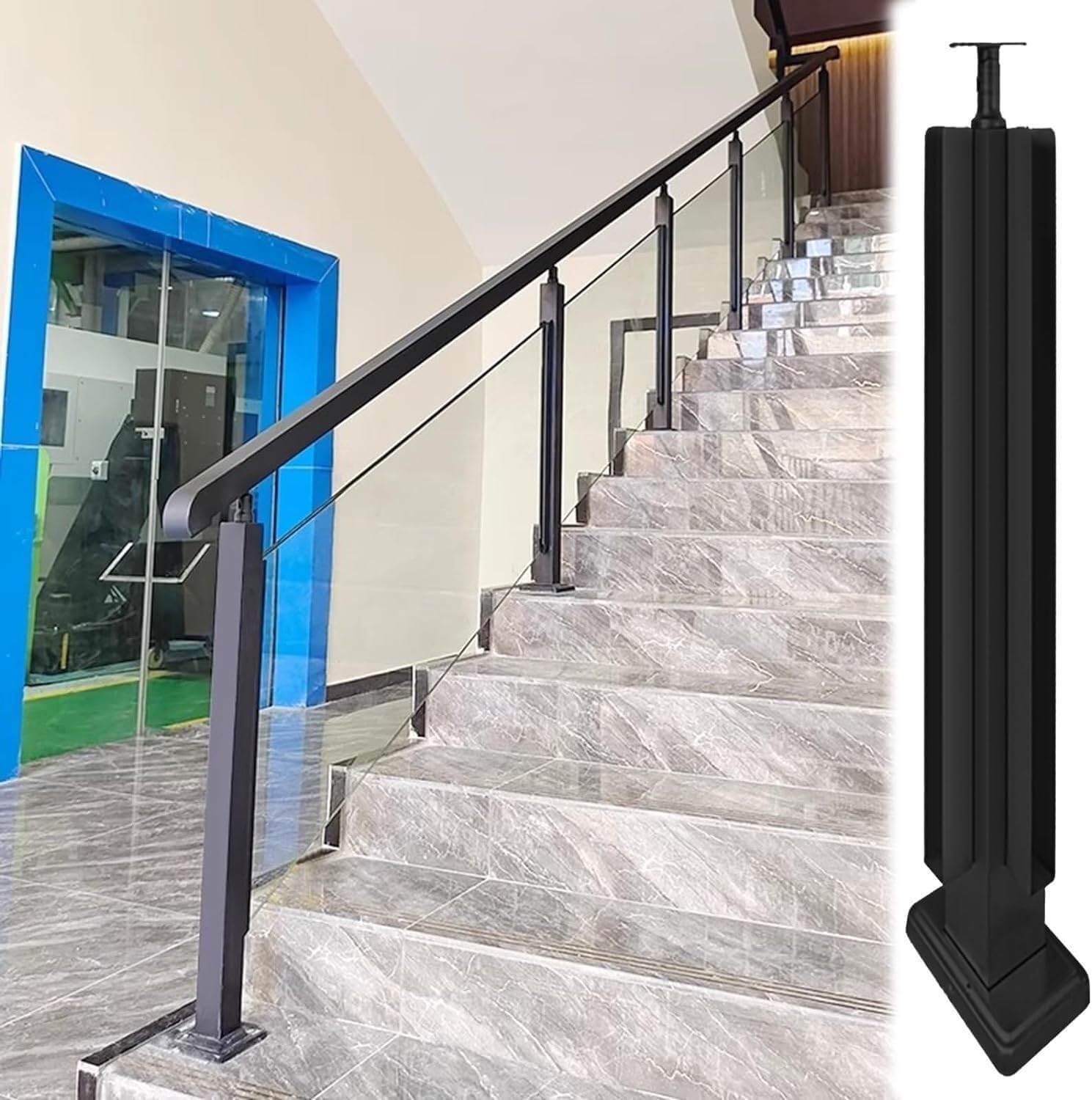Poteau de garde-corps pour escalier intérieur contemporain avec angle en verre noir