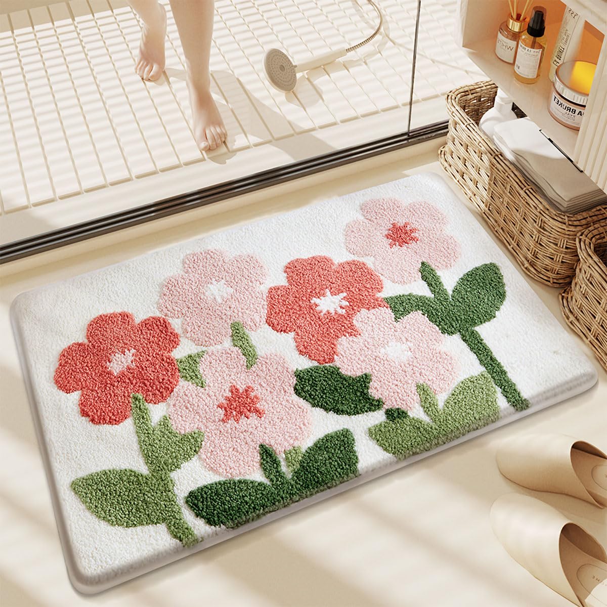 Loismood Pflanzen-Badematte, süßer, saugfähiger Badezimmerteppich, rutschfest und maschinenwaschbar, zotteliger Teppich für Küche, Schlafzimmer und Wohnzimmer, 80 x 50 cm, Rosa Blumen
