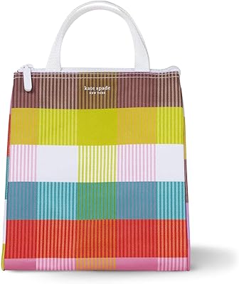 Kate Spade New York Portable Soft Cooler Lunch Bag with Silver Insulated Interior Lining and Storage Pocket, Rainbow Plaid