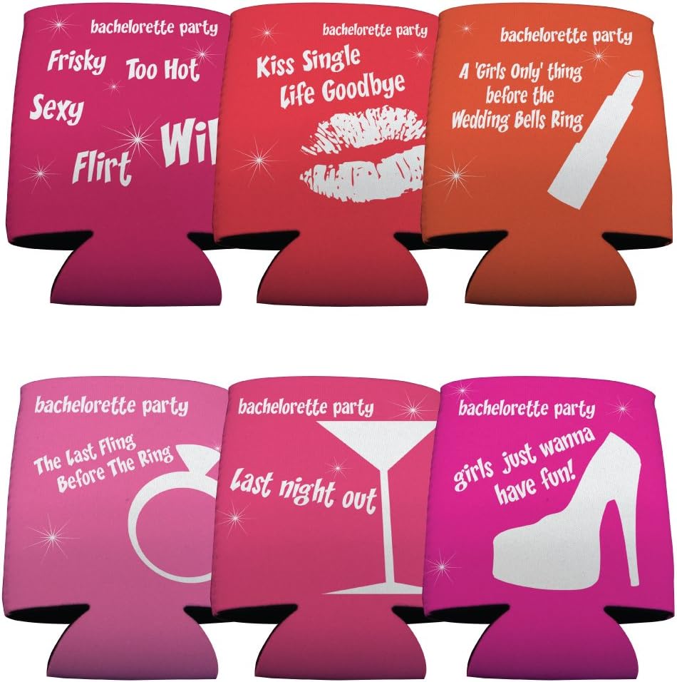 VictoryStore Bachelorette Can Coolers – Funny Pink Drink Sleeves for 12–16 oz Cans & Bottles – Set of 6 Bridal Party Favors – Bachelorette Party Supplies