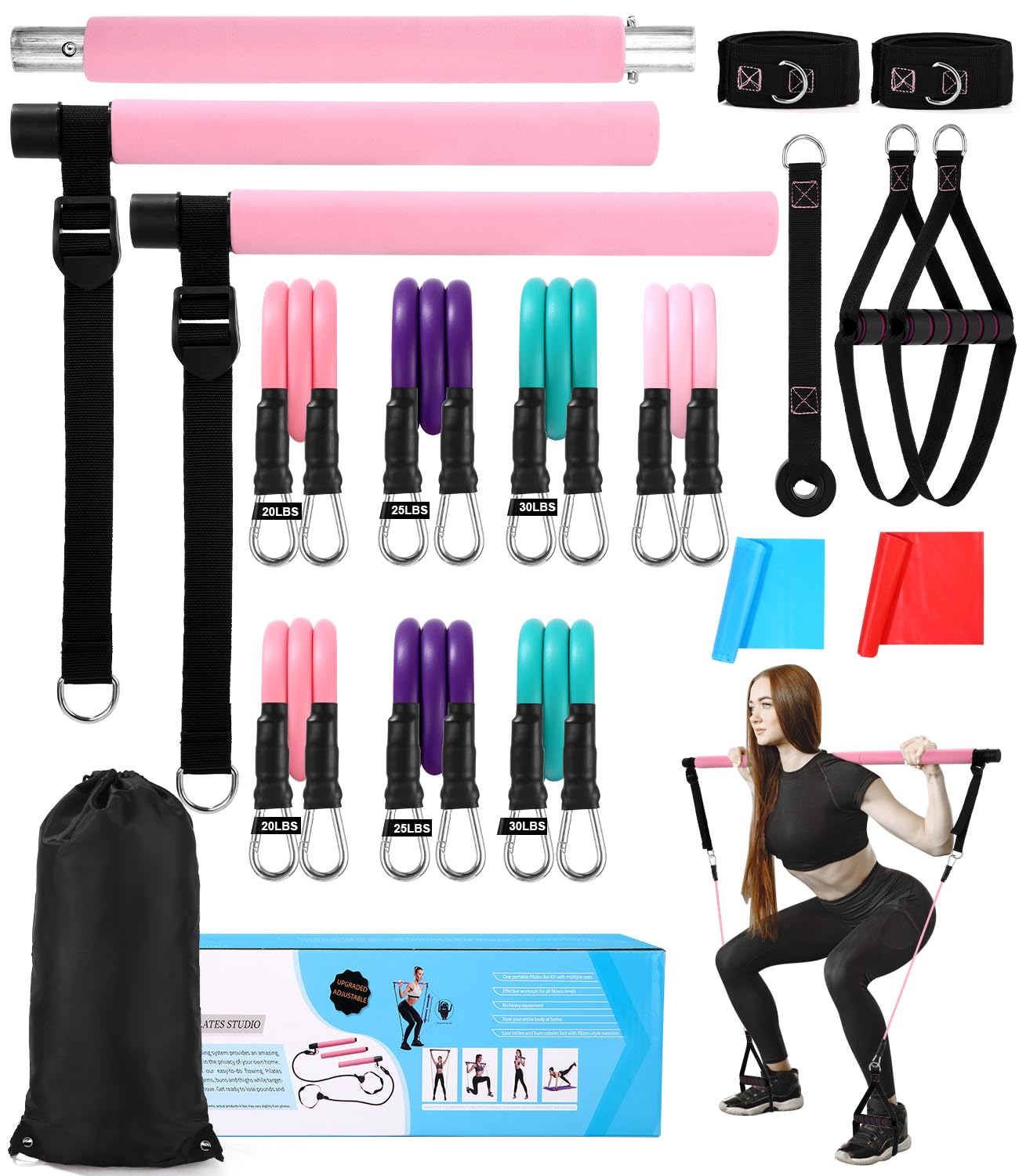 Fitnessbänder Pilates Bar Set mit 6 Widerstandsbänder (20/25/30 Lbs) Verstellbare Resistance Bands Pilates Stange, Fitnessband mit Türanker, Griffe, Knöchelriemen, Pilates Set für Home Gym Yoga