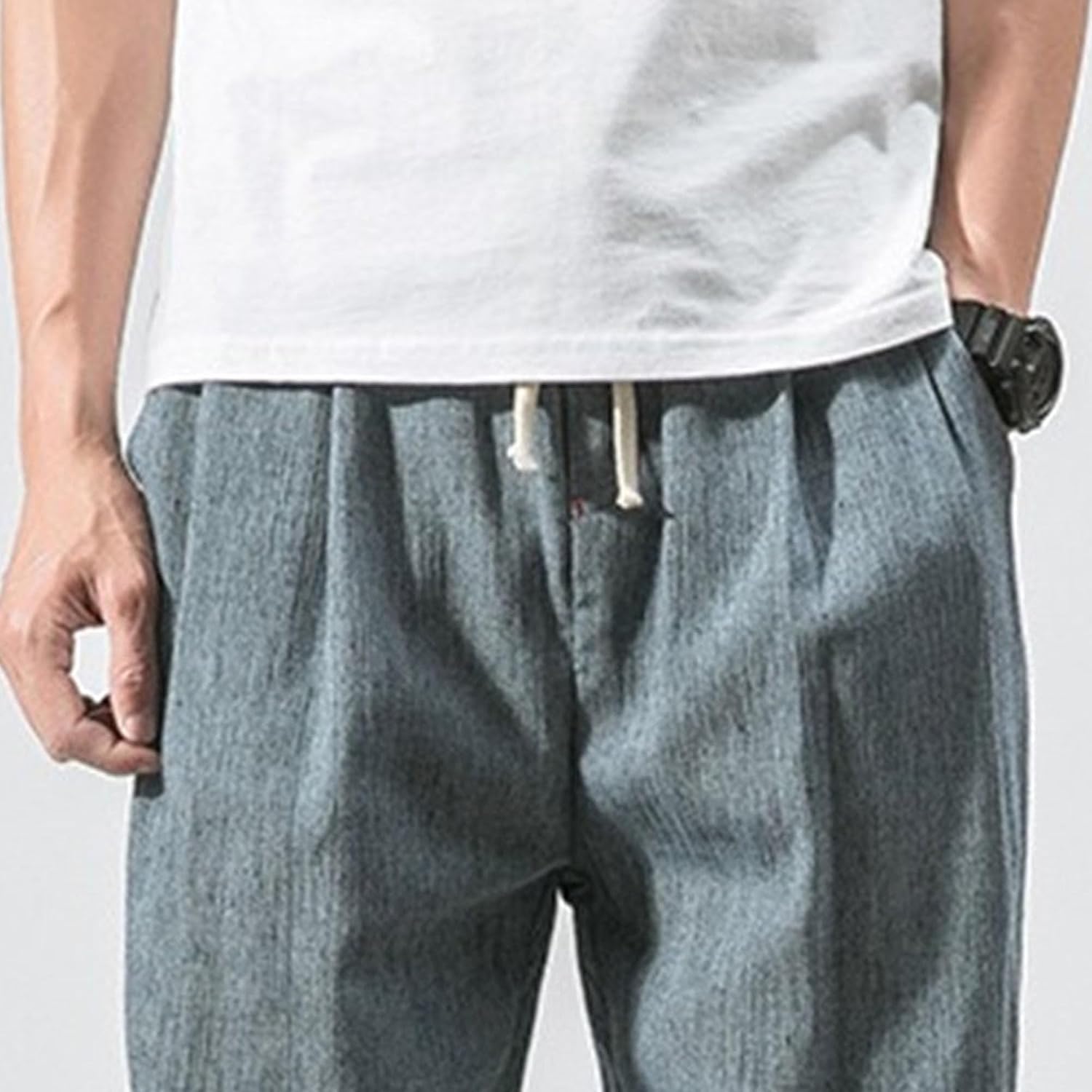 Mens Casual Cotton Linen Pants Drawstring Waist Athletic Jogger Sweatpants Vintage Solid Loose Tapered Slacks