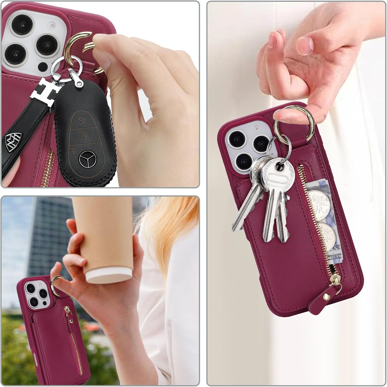Ｈａｖａｙａ for iPhone 16 Pro Max case Wallet with Card Holder for Women Men Shockproof Phone case with Keychain Ring Stand Leather Zipper Credit Card Slots-Rose Red