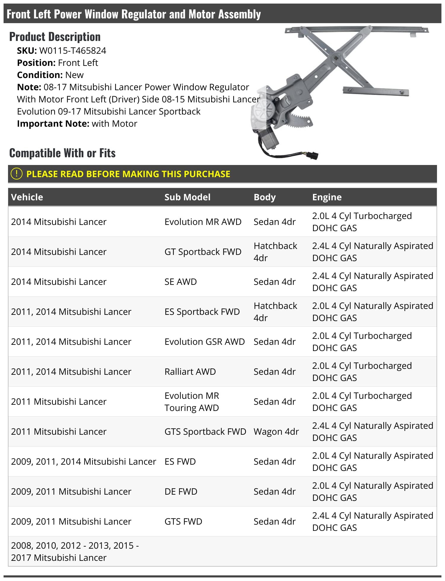 WINNER プリザードウォールLT Window Regulator For 1997-2002 Mitsubishi Mirage Front, Left