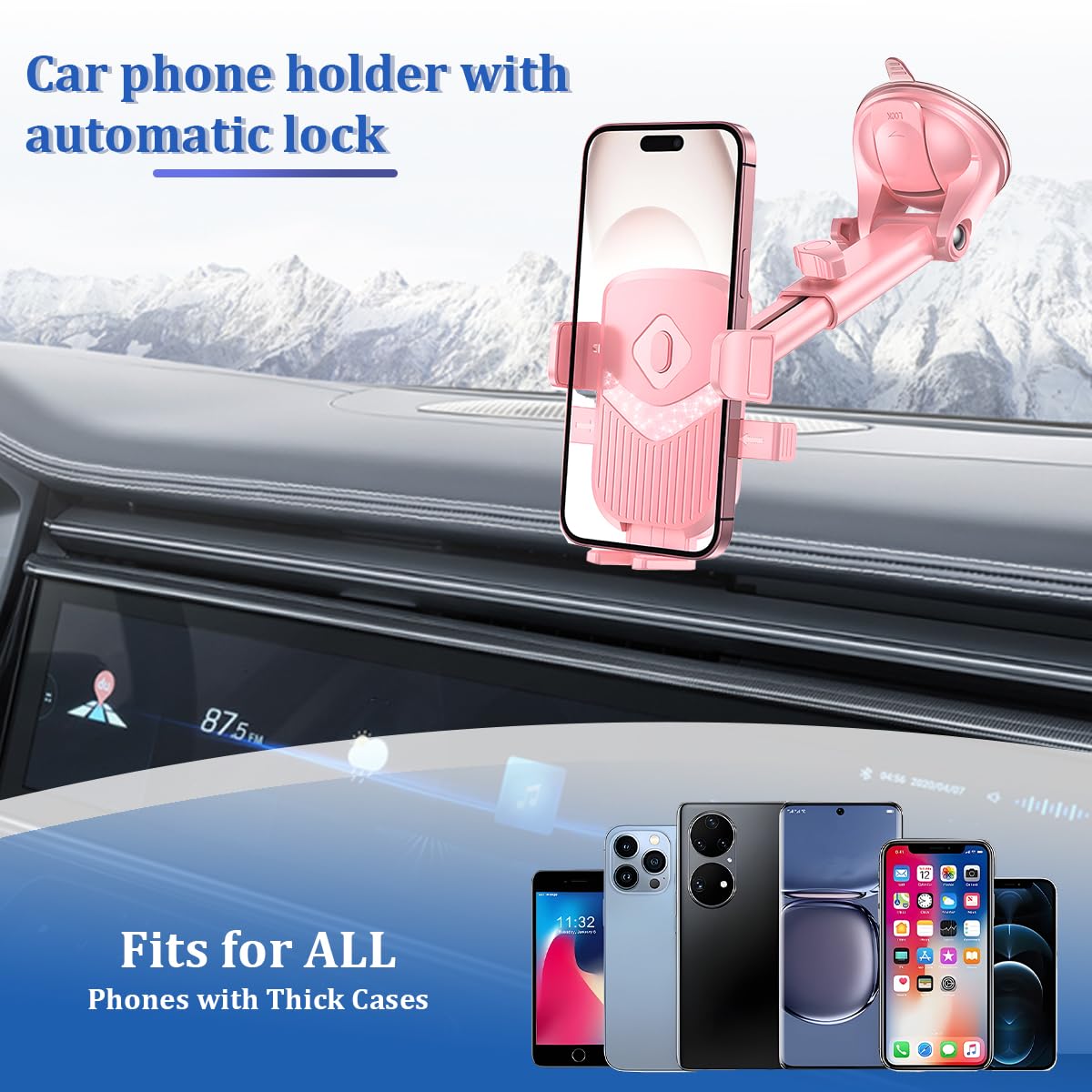 Zpana Supporto per telefono da auto, rotazione a 360°, con forte ventosa, supporto per smartphone e cruscotto, universale, per la maggior parte dei cellulari (rosa)