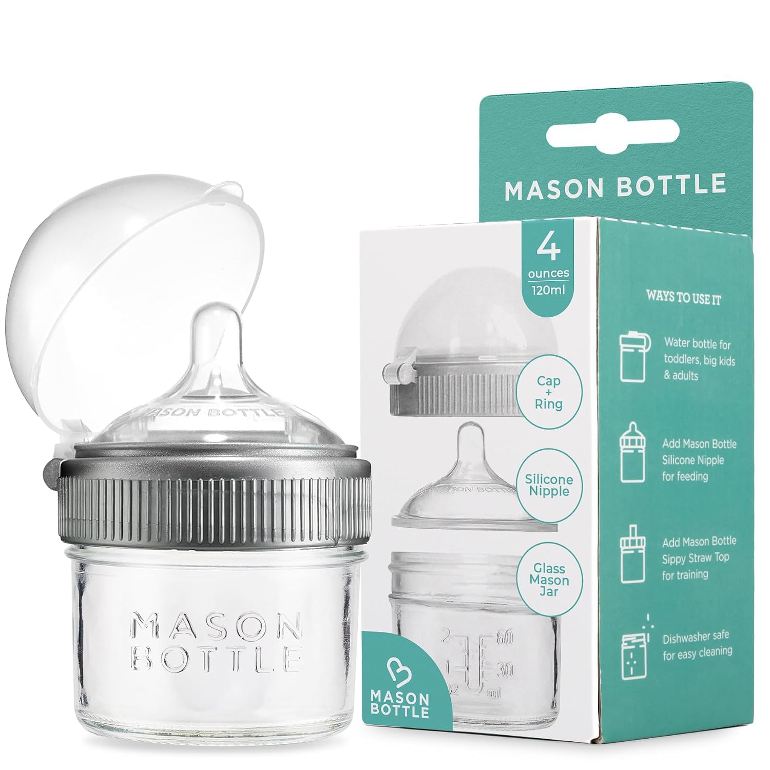 Mason Bottle Baby Glass Bottle Breast-Like Slow Flow Nipple, Cap & Ring 1 Count (Pack of 1)