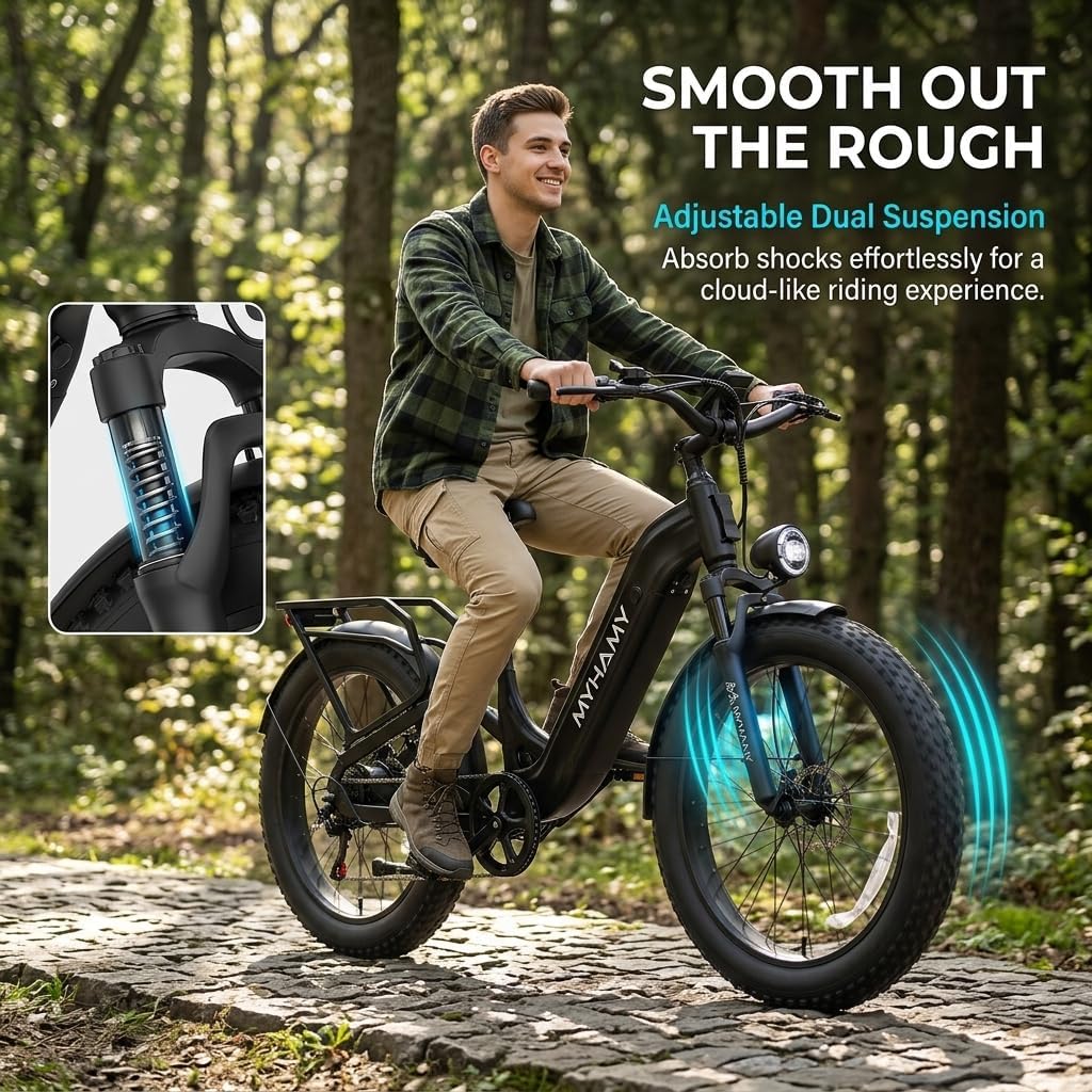 Electric Bike for Adults, 2000W Peak Motor 48V 18AH Battery Ebike 40-80Miles, 24/26" Fat Tires Full Suspension Electric Mountain Bike for Off Road Commuting Beach