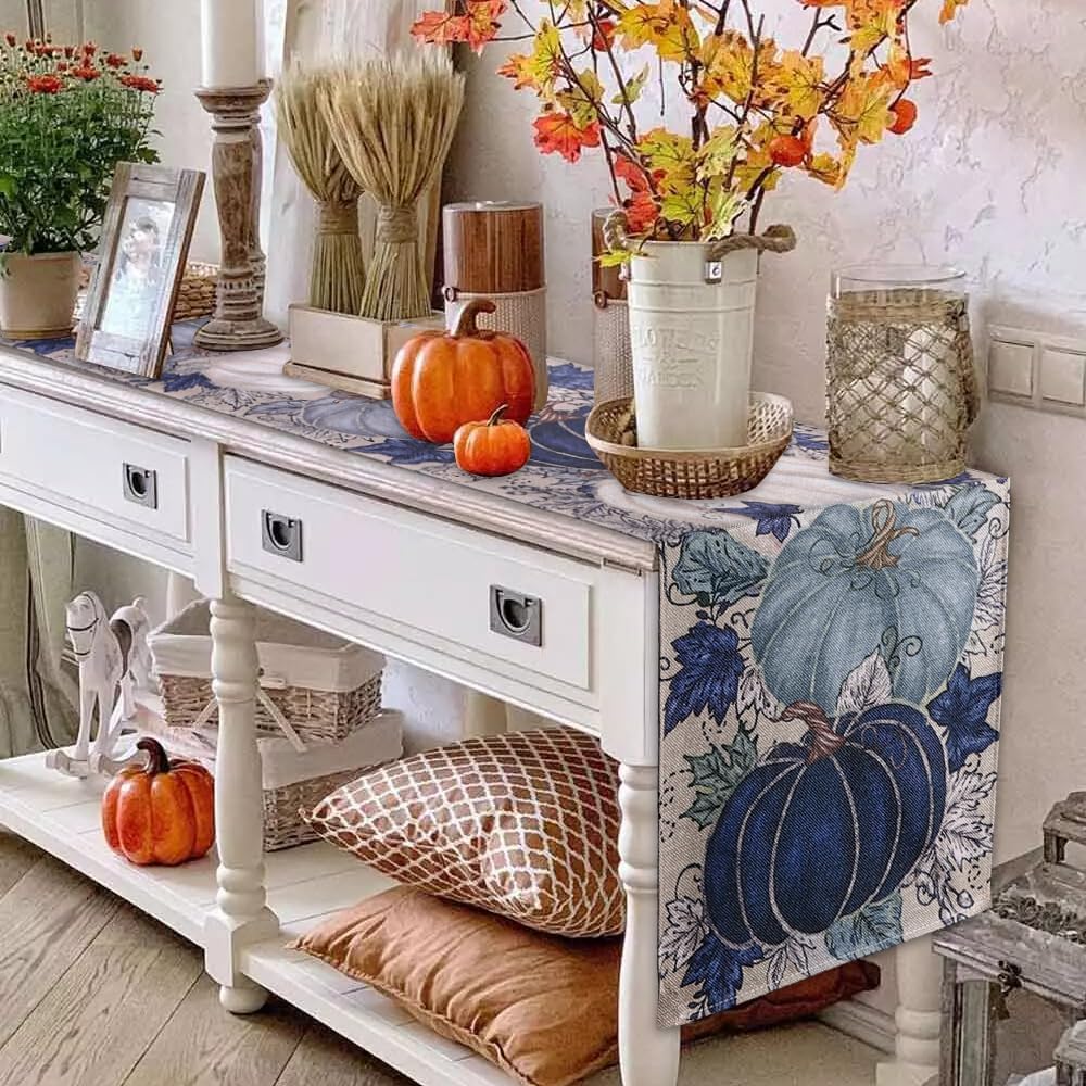 Fall Thanksgiving Table Runner Blue Vintage Pumpkin Maple Leaf Decorative