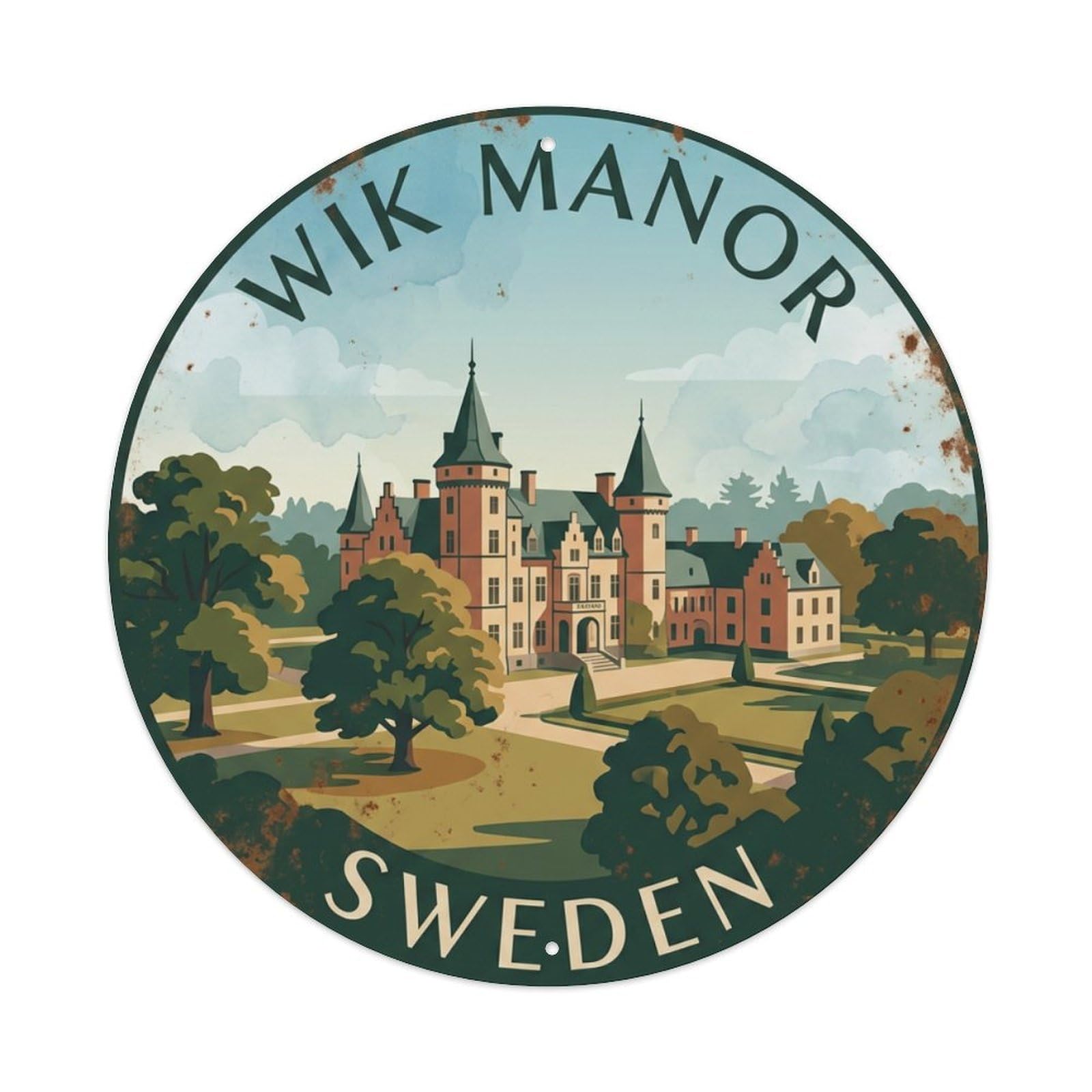 Vintage Travel Wik Sweden Manor Metal Tin Sign