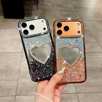 iPhone Air用 ラブハート メイクアップミラーケース グラデーショングリッターメッキ 耐衝撃カバー(iPhone Air/ゴールド)
