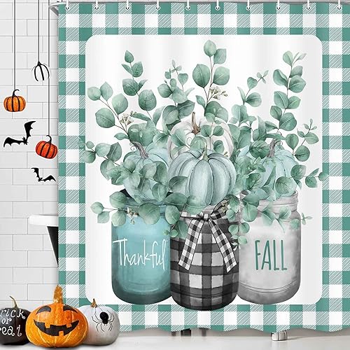 Miniatura 9 de Cortina de ducha de Halloween, lindos murciélagos, fantasma, calabaza, para baño, juego de cortina de ducha rosa, tela de poliéster, 72 x 72