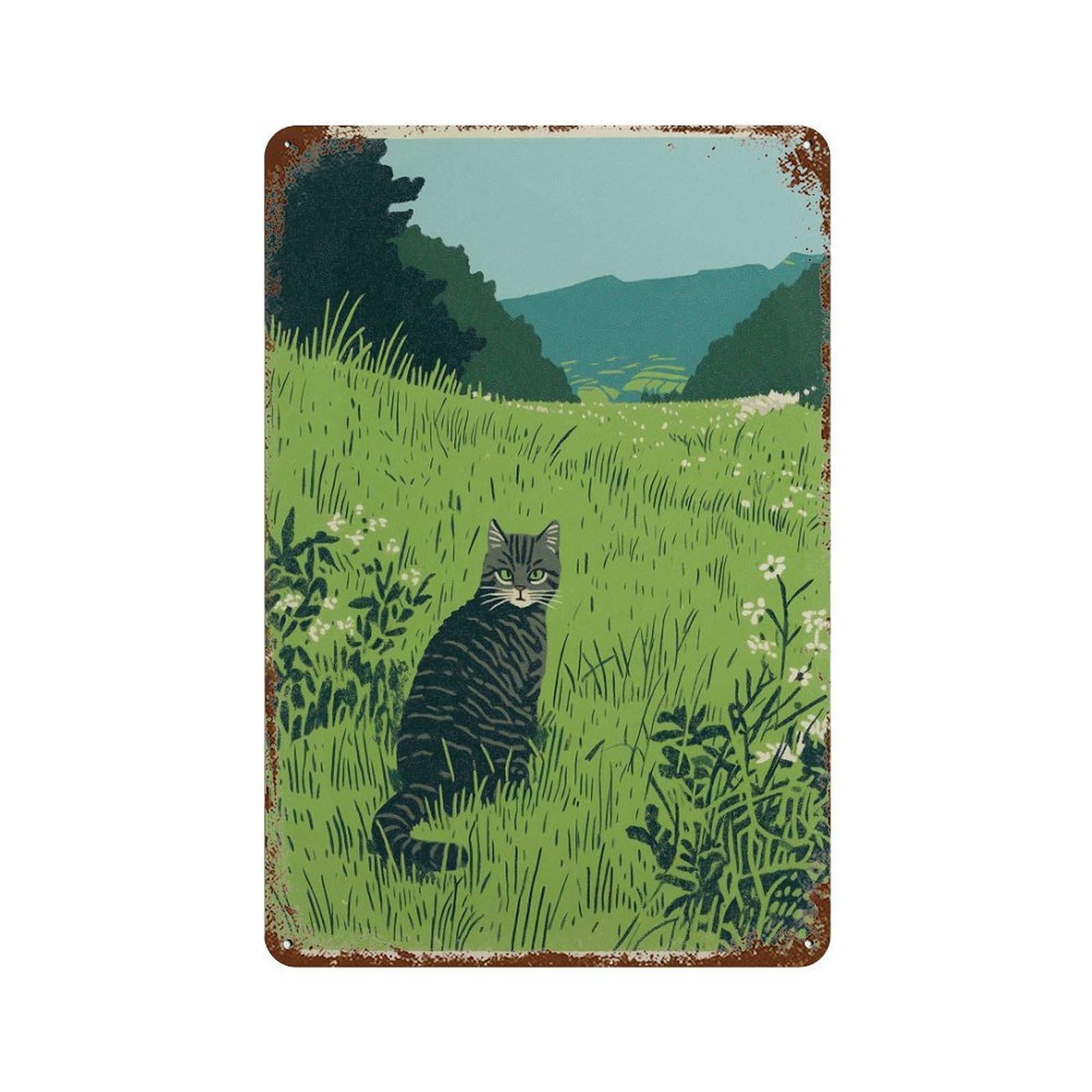 xiaoxiaoshen Cat in Meadow Peaceful Nature Green Landscape with Modern Animal Countryside Wall Decor Art Metal Tin Poster Modern Home Decor Art Home Bar Shop Decorations Vintage Sign 30x20cm