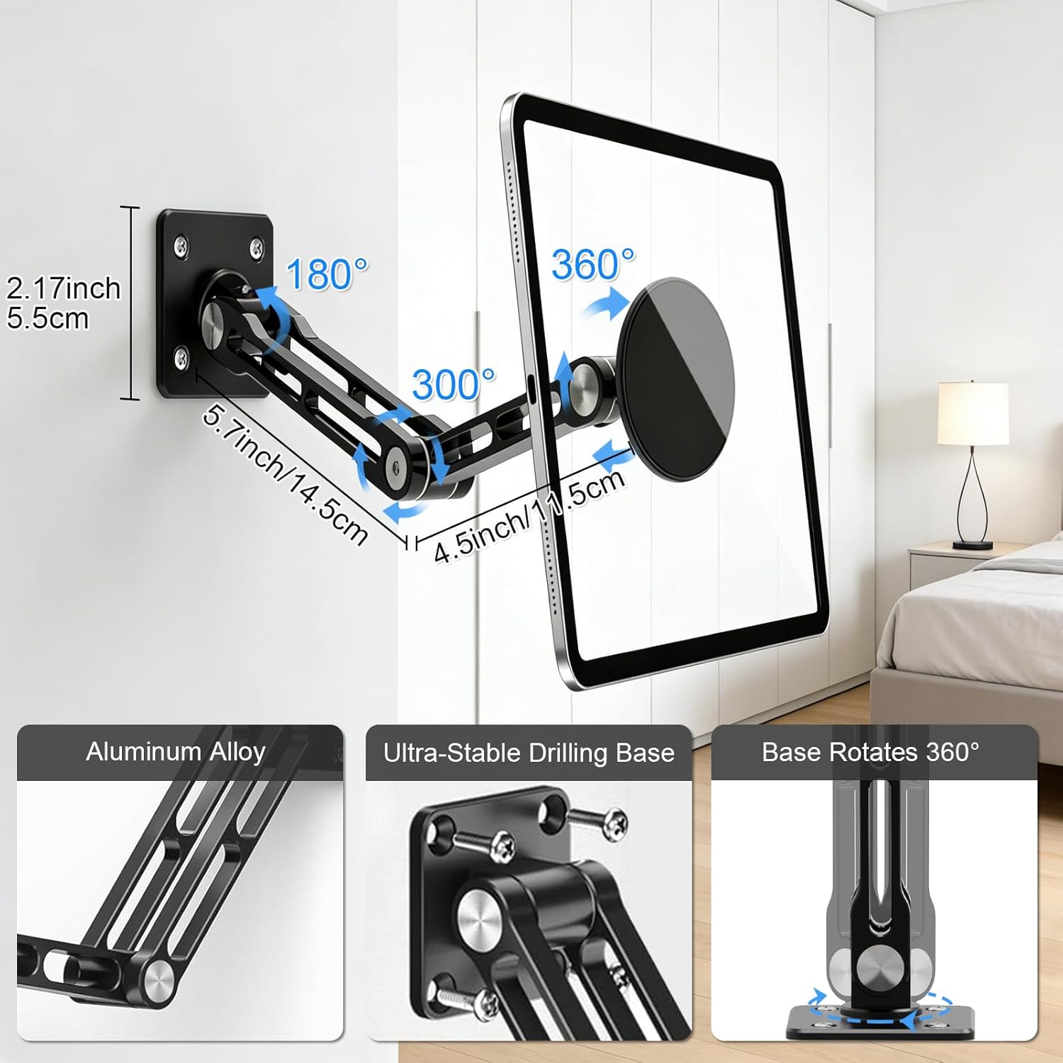 Magnetic Tablet Wall Mount, 360° Rotating Alloy Steel Stand with MagSafe & Metal Ring, Foldable Arm for 4.7-13" iPad/Phone/Tablet, Home Gym Kitchen Office