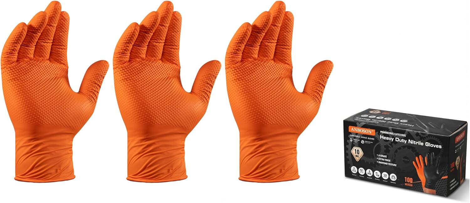 10 Mil Diamond Textured Nitrile Gloves, Heavy Duty Disposable, Extra Thick, Latex & Powder Free, Chemical and Puncture Resistant, Ideal for Auto Repair, Cleaning, Painting