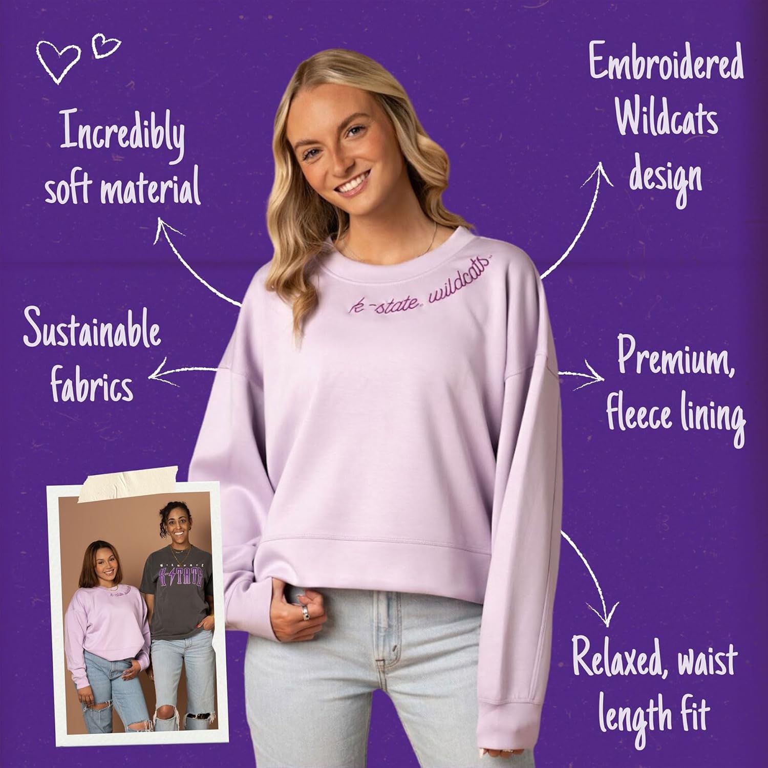 Fan Girl Kansas State Wildcats Sweatshirt, Collegiate Supersoft Crop, K State Women’s Apparel, Purple, Sizes S-2XL
