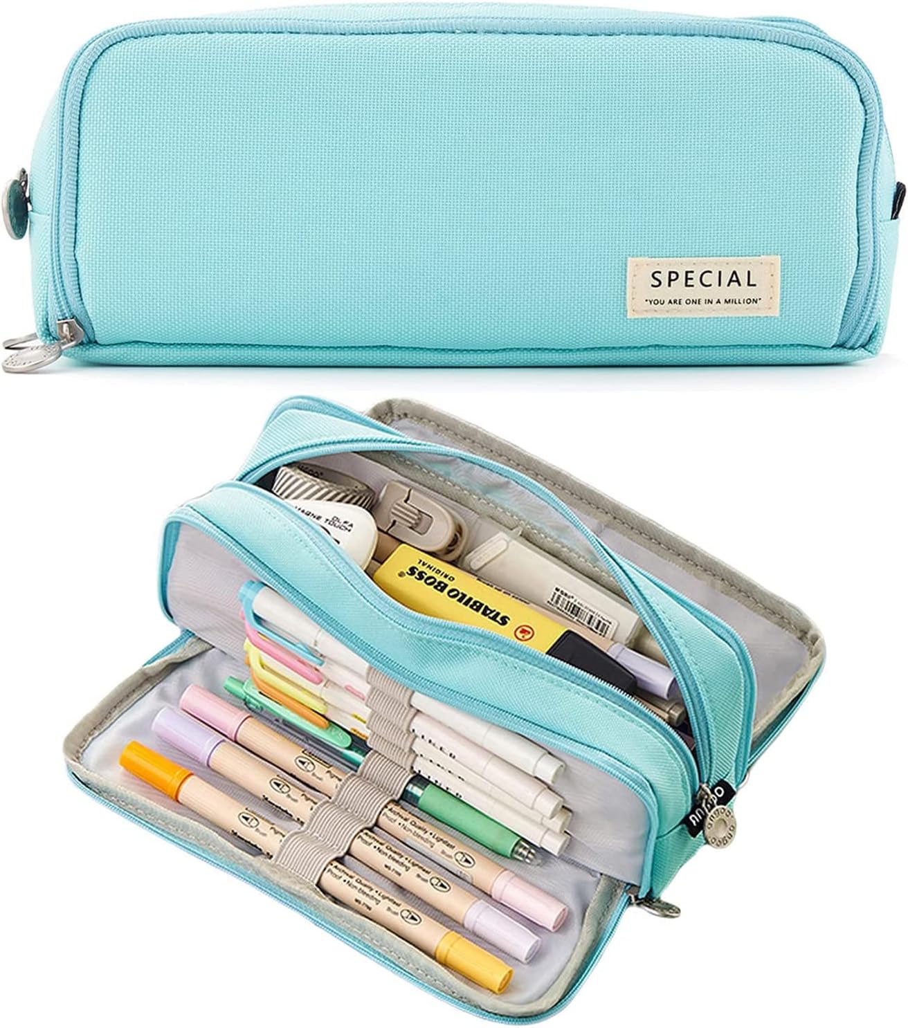 MAMUNU Big Capacity Pencil Pen Case, 3 Compartments Large Storage Canvas Pencil Pouch with Zipper, Green Cactus Design Aesthetic Pencil Pouch For Office School