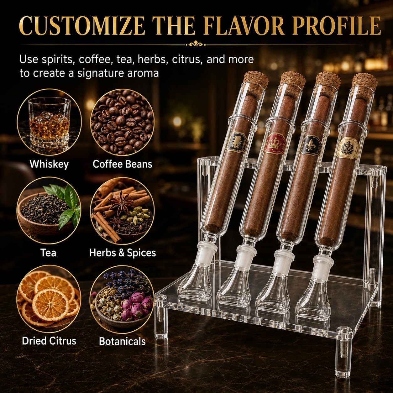 Cigar Flavoring Humidor Set for 4 Cigars, Glass Tubes, Acrylic Stand
