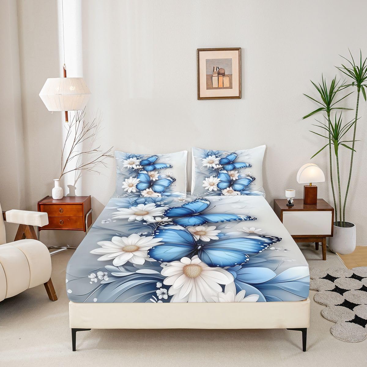 Manfei Juego de sábanas bajeras de 3 piezas, diseño botánico de flores florecientes, estilo rústico de granja con 2 fundas de almohada, decoración de habitación de niños y niñas, ropa de cama suave