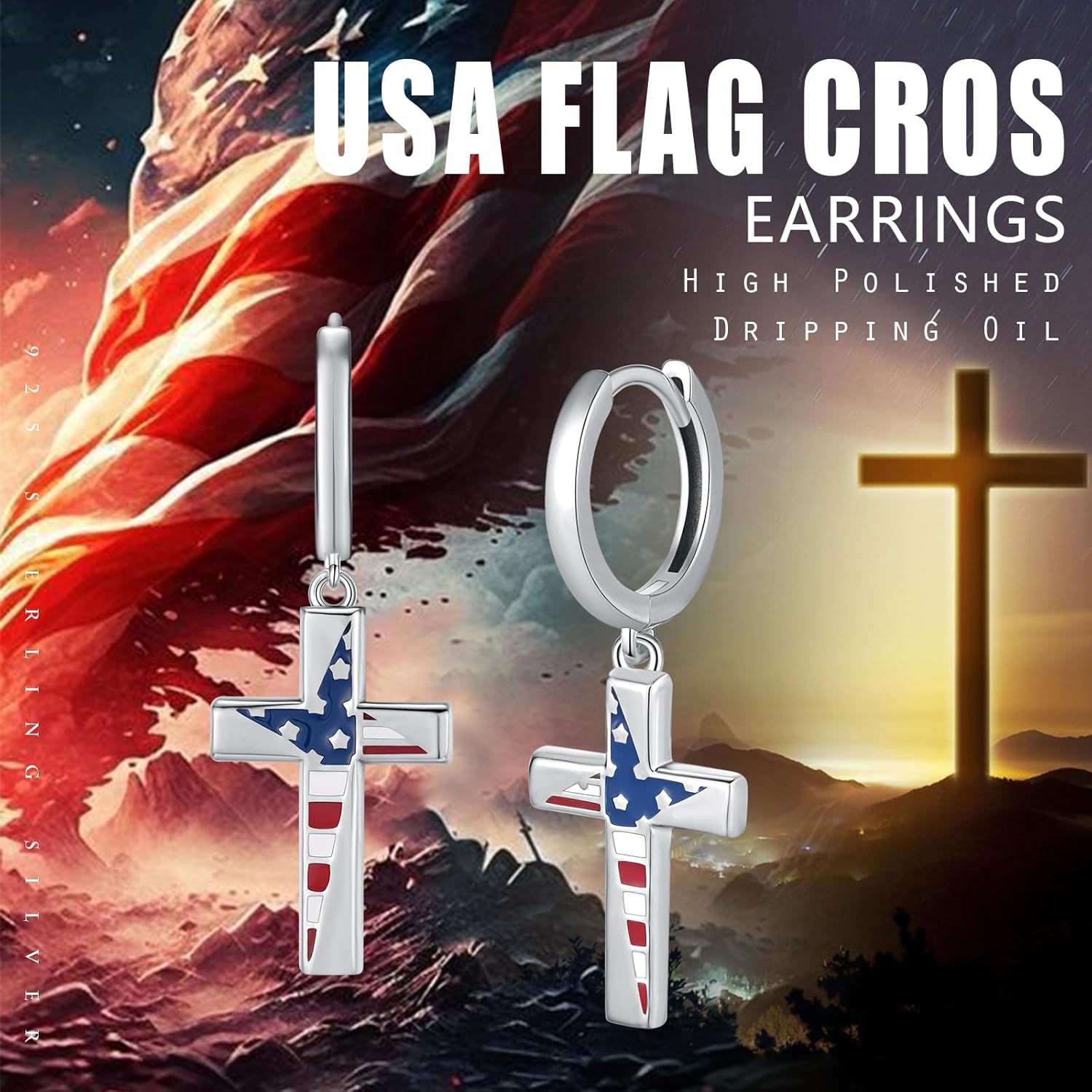 American Flag Earrings,925 Sterling Silver Patriotic Earrings July 4th Cross Flag Dangle Earrings Independance Day Jewelry Gift for Women Men - Image 6
