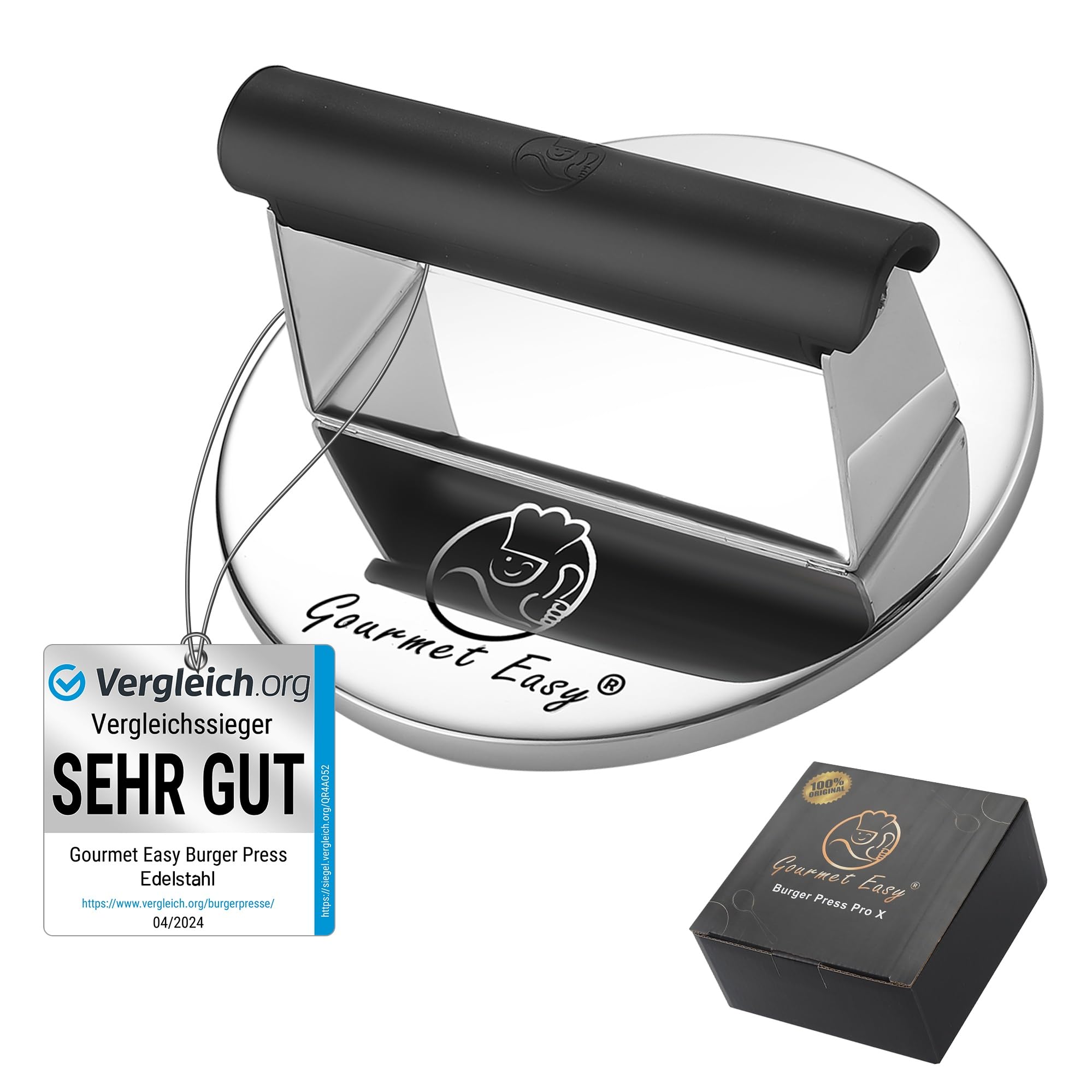 Burgerpresse Edelstahl | Burger Smasher mit hitzeresistentem Griff | Spülmaschinenfeste Burgerpresse | Professionelle Patty Presse perfekt zum Grillen/Braten von Fleisch | Smash Burger Presse
