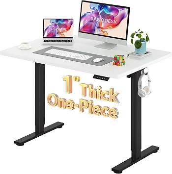 SANODESK Electric Standing Desk 48 x 30 Inches Whole-Piece Desktop Height Adjustable Stand Up Desk w/6-Button Controller Ergonomic Computer Desk for Home Office, Black Frame + White Tabletop