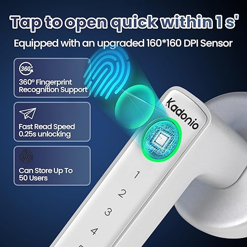 Miniatura 2 de Cerradura de puerta de huellas dactilares, perilla de puerta inteligente biométrica, cerradura de puerta inteligente de entrada sin llave con asa,