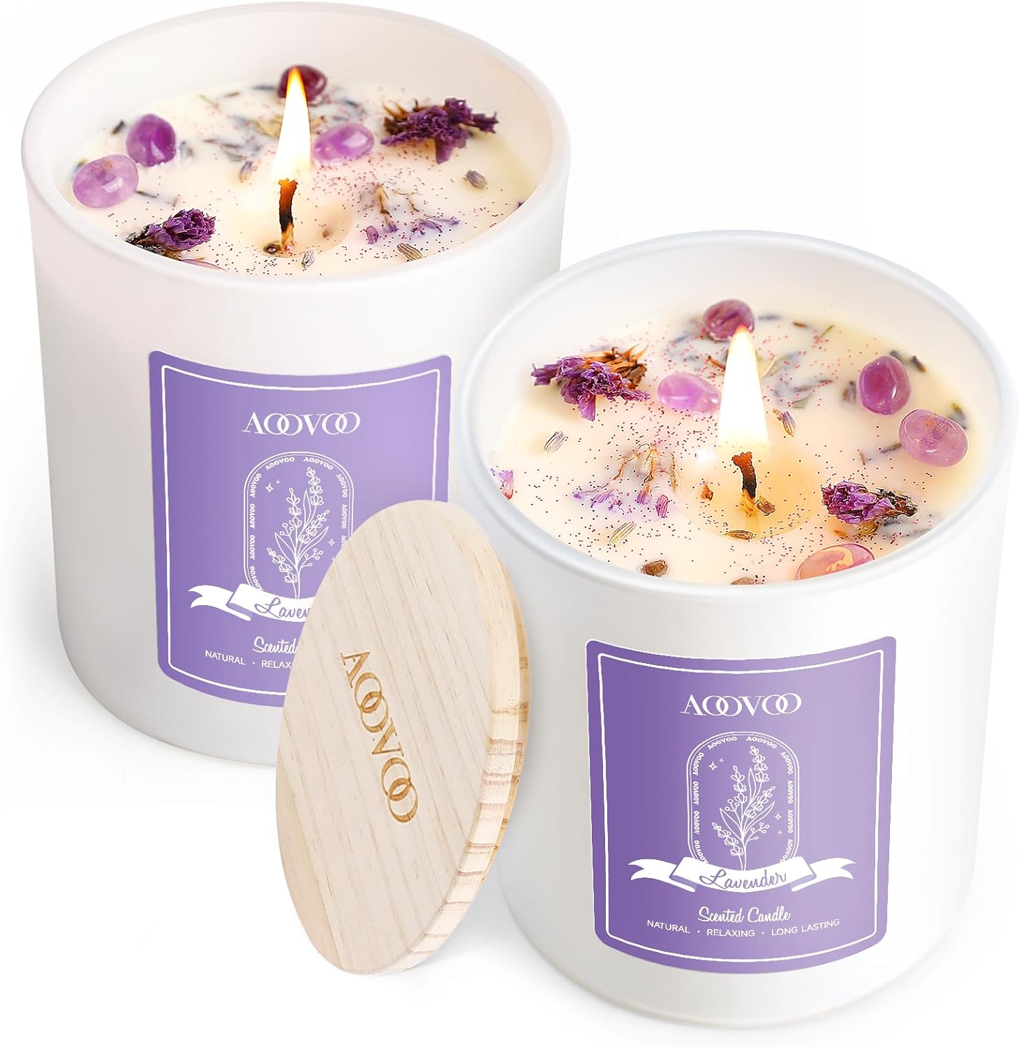 AOOVOO Lavender Scented Candle Set 2 Pack – Aromatherapy Candle with Crystals Inside, 14oz Soy Candles for Home Scented, Birthday Gifts Mothers Day Candle for Women Mom