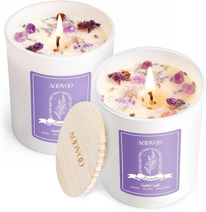 AOOVOO Lavender Scented Candle Set 2 Pack - Aromatherapy Candle with Crystals In