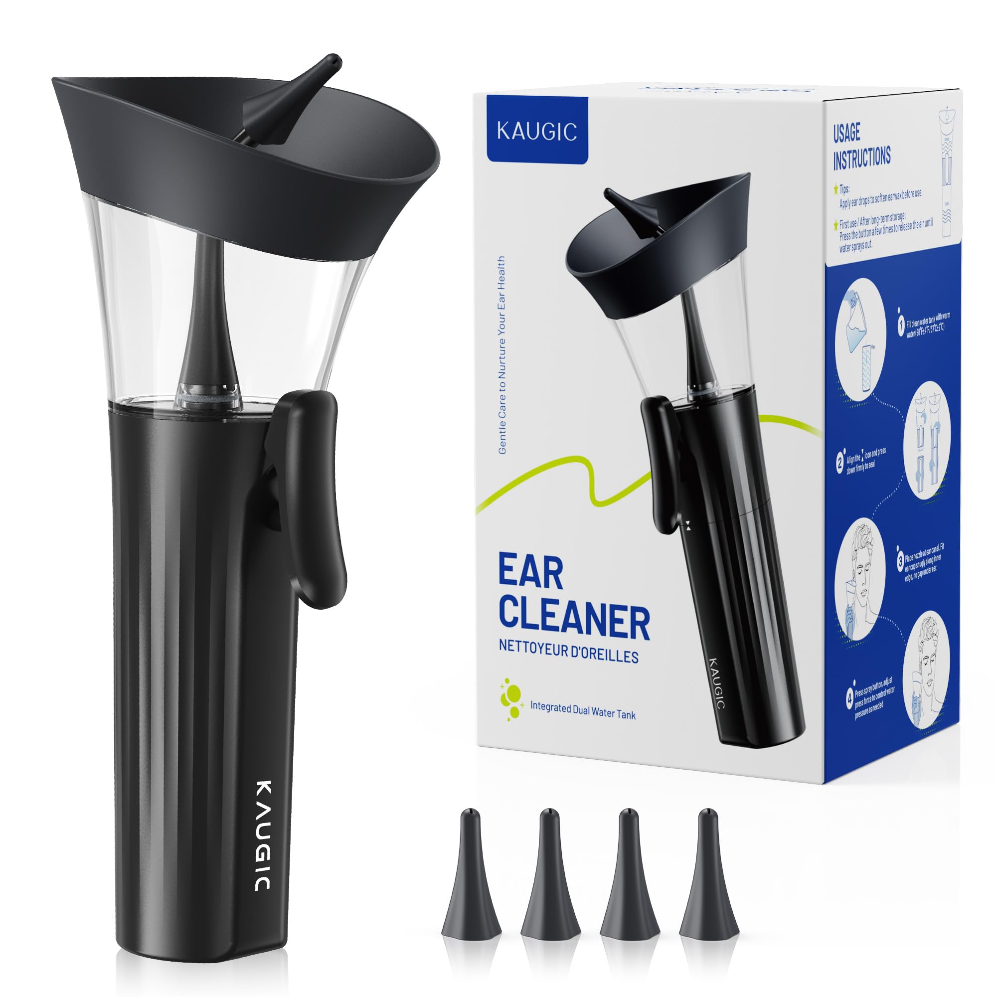 KAUGIC Manual Earwax Removal Kit, 2-in-1 Water Tank Ear Cleaner - Ergonomic Effort-Saving Button, One Hand Operation, Blue
