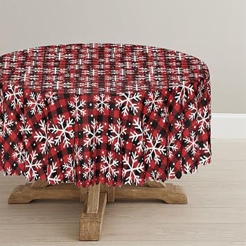 Snowflake Red Black Grid Round Tablecloth 60in | Waterproof Oil-Proof Table Cloth | Stain-Resistant Wipeable Table Cover for Round Table