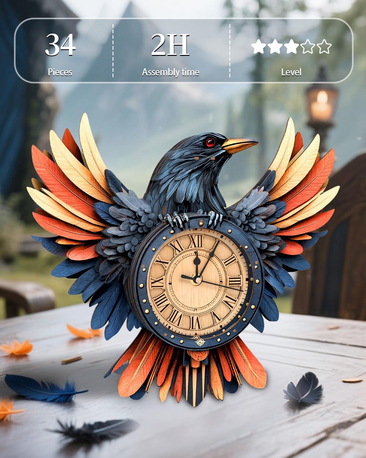 3D Wooden Puzzles for Adults,Raven Clock Model Kit with Pendulum,3D Wooden Puzzles Home Room Decor,Christmas Hobbies Crafts Gift Idea for Women Men Teens