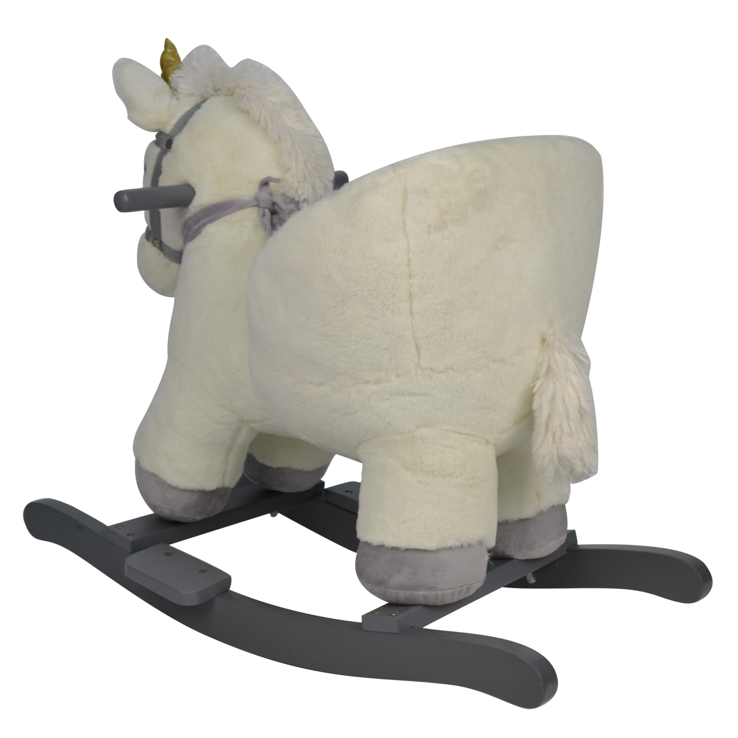 Cavallo a Dondolo Unicorno per Bambini da 18 a 36 Mesi Cavalcabile in Legno e Peluche con Suoni e Cintura di Sicurezza