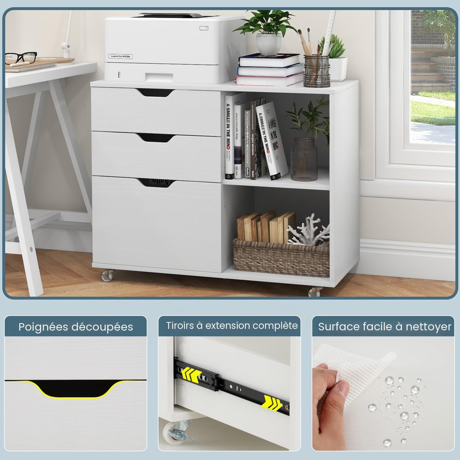 KOMFOTTEU Armoire de Classement à roulettes, Caisson de Rangement, 3 Tiroirs & Casier à 2 Niveaux, Meuble de Rangement de Bureau, Étagère réglable, 81 x 40 x 66,5 cm (Blanc)