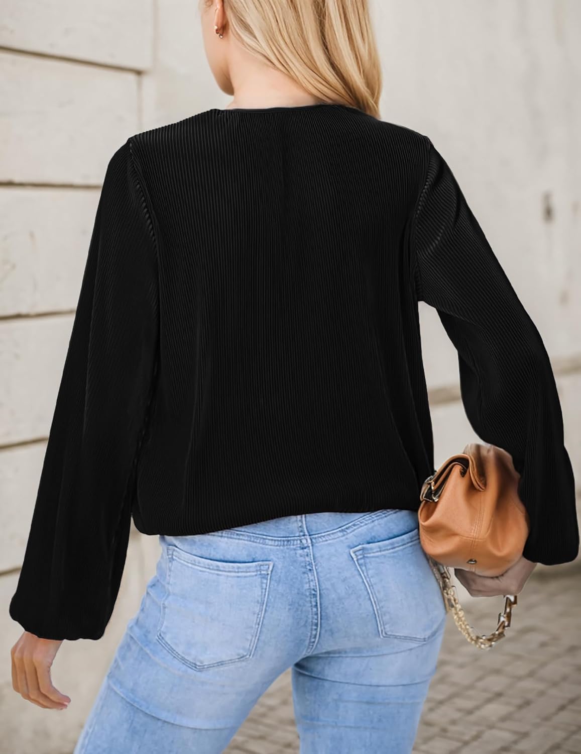 Women's Long Sleeve Wrap V Neck Blouse Pleated Dressy Casual Work Tops - Image 5