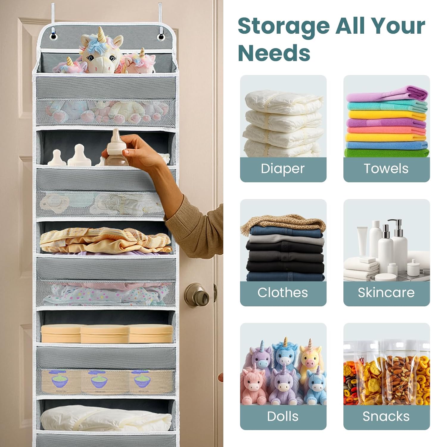 Sturdiness Over The Door Organizer, 5 Shelves & 8 Side Pockets,Anti Tilt Hanging Behind Door Storage, Heavy-Duty Reinforced Mesh Rack Holds 44lb for Bathroom,Pantry, Nursery,Closet, Shoes, Towels