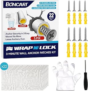 WRAPNLOCK Drywall Anchor Repair Kit - Fast Loose Anchor Fix (No Fill/Redrill) - 22 Patches + Screws/Anchors/Screwdriver/Gloves, Works for Home Fittings