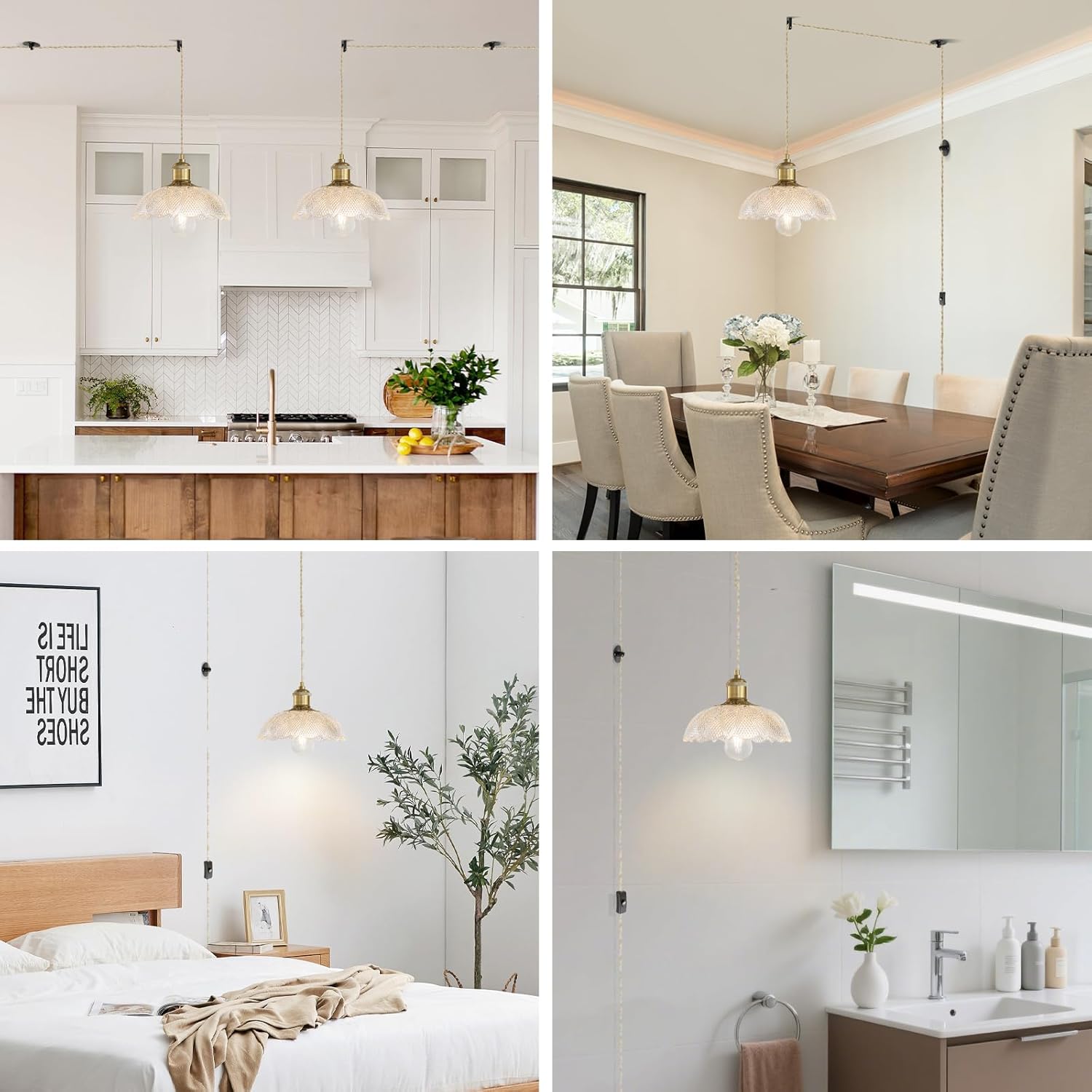 Plug in Pendant Light Fixtures, Plug in Hanging Lamps Glass Hanging Lights, Pendant Lighting for Kitchen Island, Bedroom, Dining Room, Living Room, E26 No Bulb