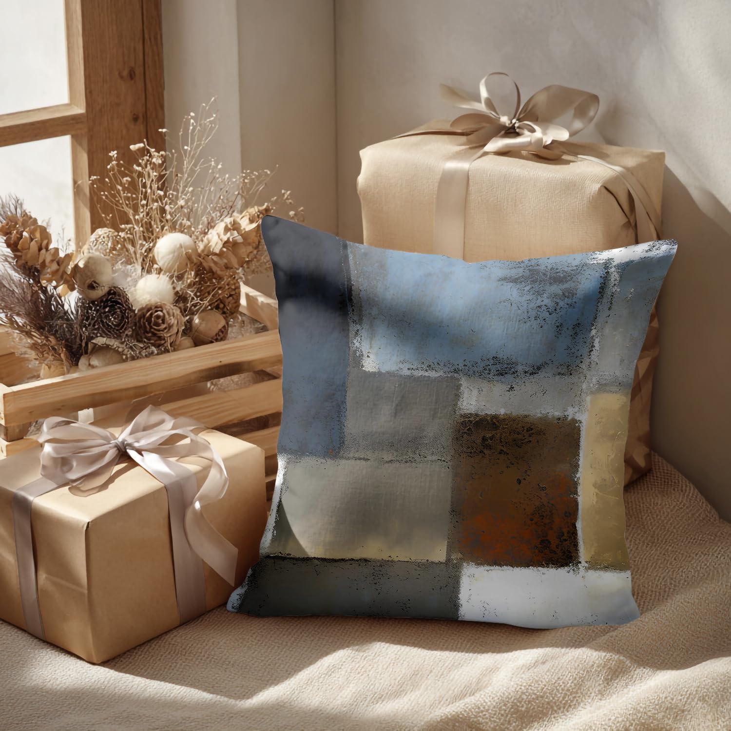 Batmerry Blue Pillow Covers 20x20, Brown & Black, Dusty Blue & Navy Blue, Digital Printing, Blended Fabric for Couch, Sofa, Bed (Set of 2) with Invisible Zipper